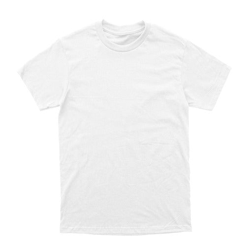 A plain white short-sleeve crewneck t-shirt laid flat against a white background.